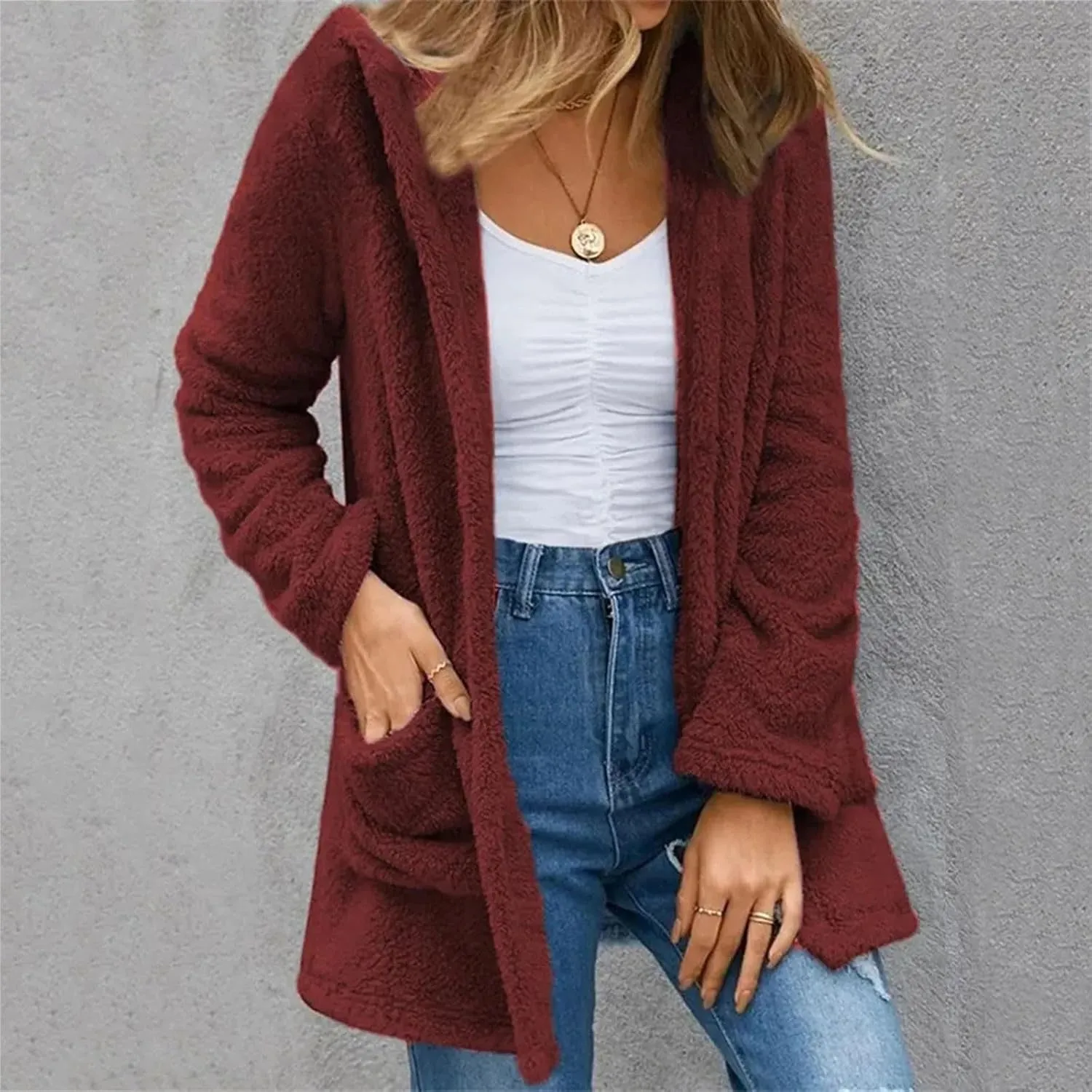 2023 Women's Fleece Coat Winter Warm Oversized Open Front Fuzzy Cardigan Soft Trendy Casual Hooded Draped Jackets with Pocket