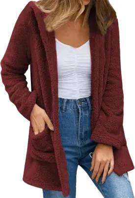 2023 Women's Fleece Coat Winter Warm Oversized Open Front Fuzzy Cardigan Soft Trendy Casual Hooded Draped Jackets with Pocket