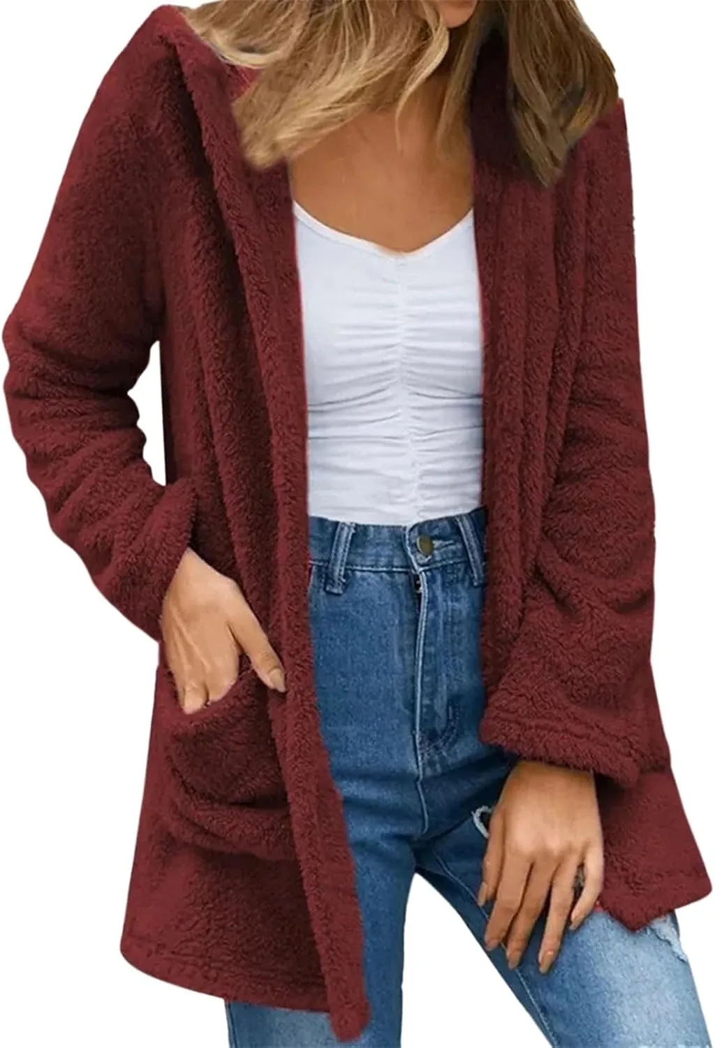2023 Women's Fleece Coat Winter Warm Oversized Open Front Fuzzy Cardigan Soft Trendy Casual Hooded Draped Jackets with Pocket
