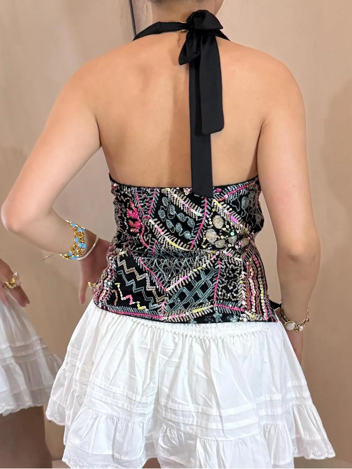 Alyweatry Women Sequin Beaded Halter Top Sleeveless V Neck Backless Vintage Y2k Glitter Going Out Tank Top Rave Party Outfits