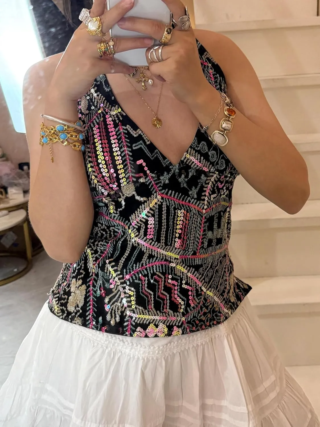 Alyweatry Women Sequin Beaded Halter Top Sleeveless V Neck Backless Vintage Y2k Glitter Going Out Tank Top Rave Party Outfits