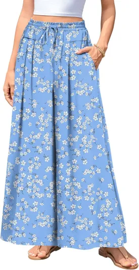 Aodemo Women's Palazzo Pants Dressy Wide Leg Pants High Waist Casual Beach Flowy Culottes with Pockets