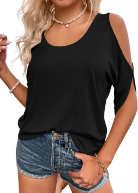 Aoysky Women Cold Shoulder Tops Summer Short Sleeve Shirt Scoop Neck Tee Casual Loose Fitting Solid Color Tunic Top