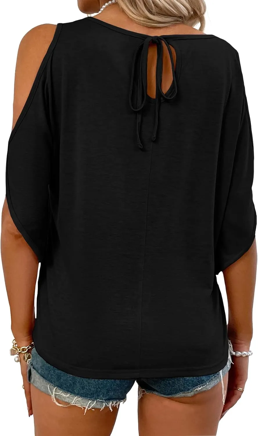 Aoysky Women Cold Shoulder Tops Summer Short Sleeve Shirt Scoop Neck Tee Casual Loose Fitting Solid Color Tunic Top