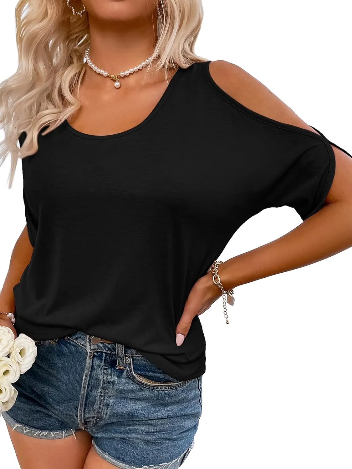 Aoysky Women Cold Shoulder Tops Summer Short Sleeve Shirt Scoop Neck Tee Casual Loose Fitting Solid Color Tunic Top
