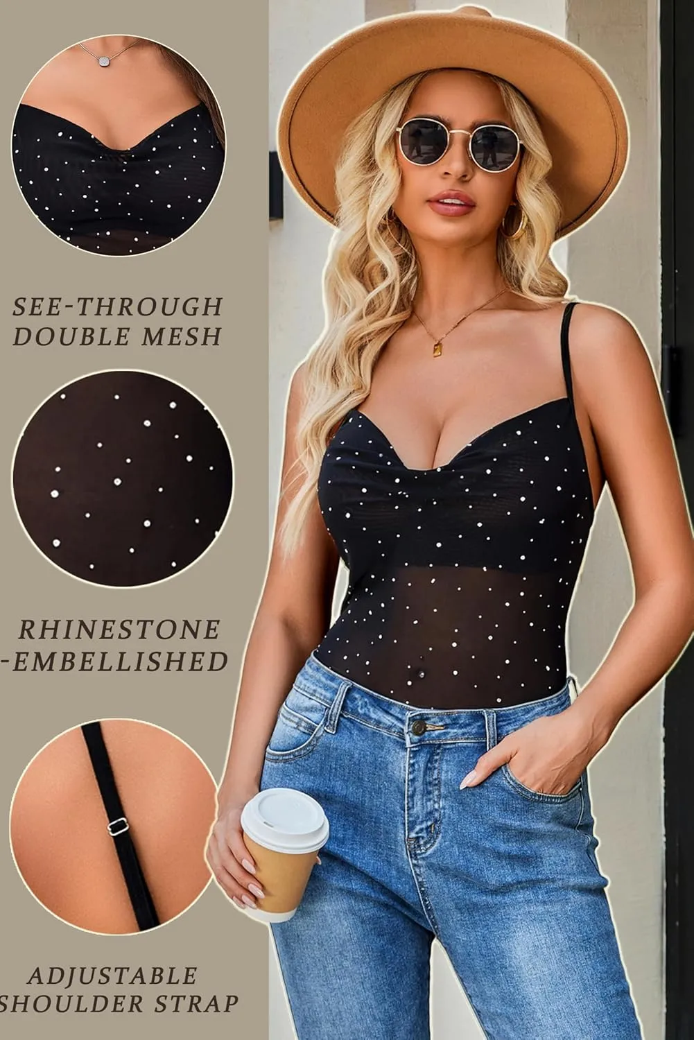 Avidlove Women's Mesh Camisole Cowl Neck Tank Top Cami Sequin Basic Tank Shirt Blouses