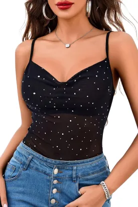 Avidlove Women's Mesh Camisole Cowl Neck Tank Top Cami Sequin Basic Tank Shirt Blouses