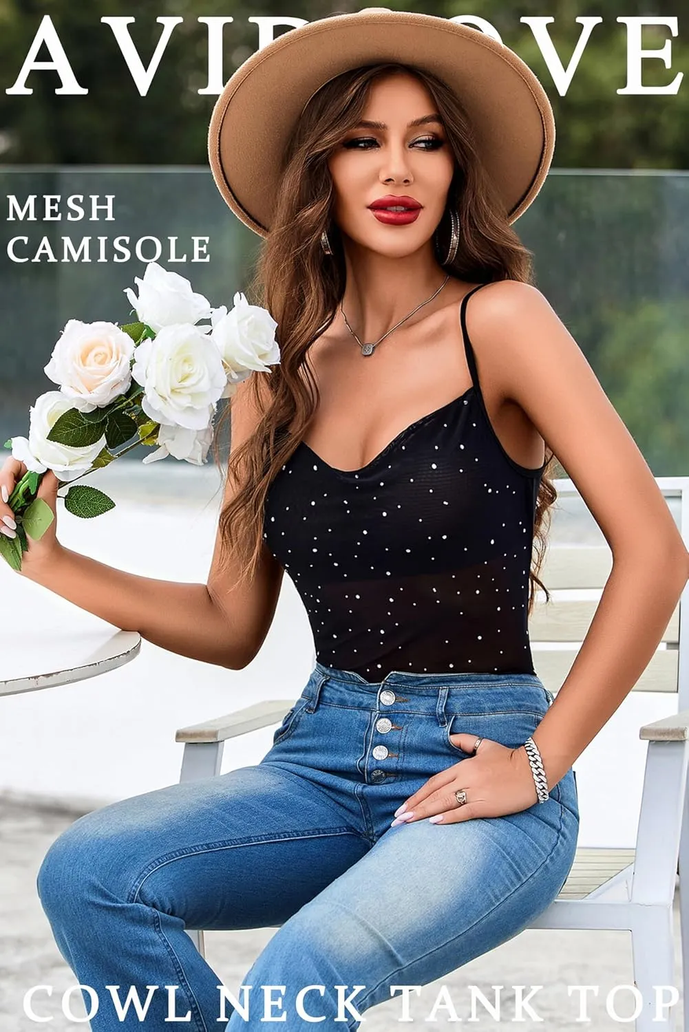 Avidlove Women's Mesh Camisole Cowl Neck Tank Top Cami Sequin Basic Tank Shirt Blouses
