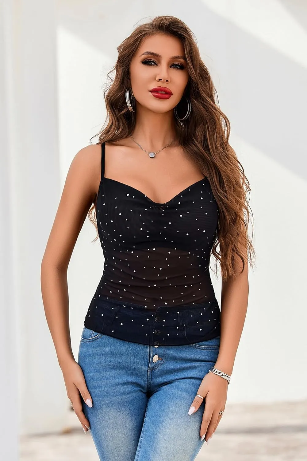 Avidlove Women's Mesh Camisole Cowl Neck Tank Top Cami Sequin Basic Tank Shirt Blouses