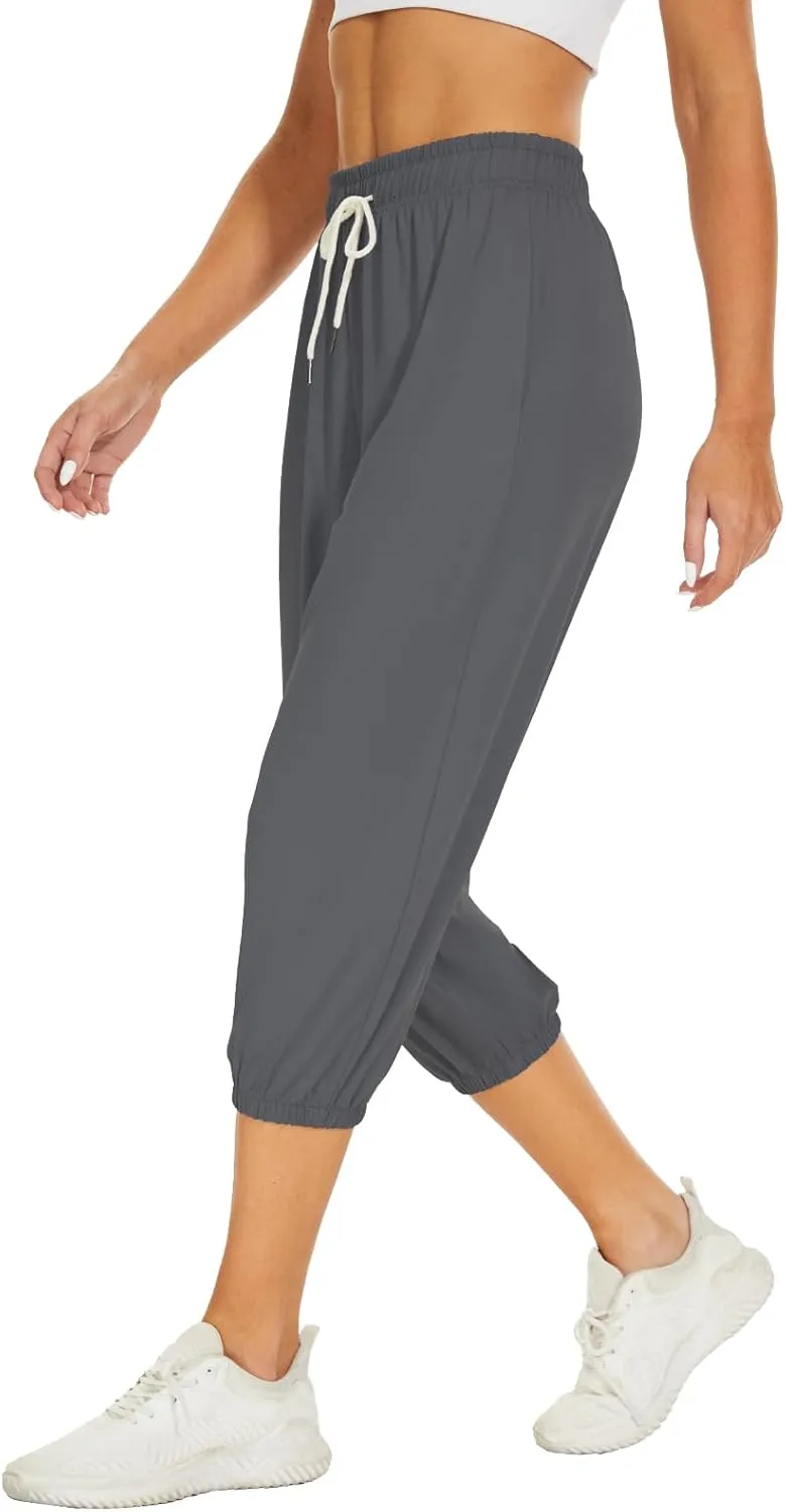 BATHRINS Women's Capri Sweatpants Summer Casual Jogger Drawstring Waist Pants with Back Pockets