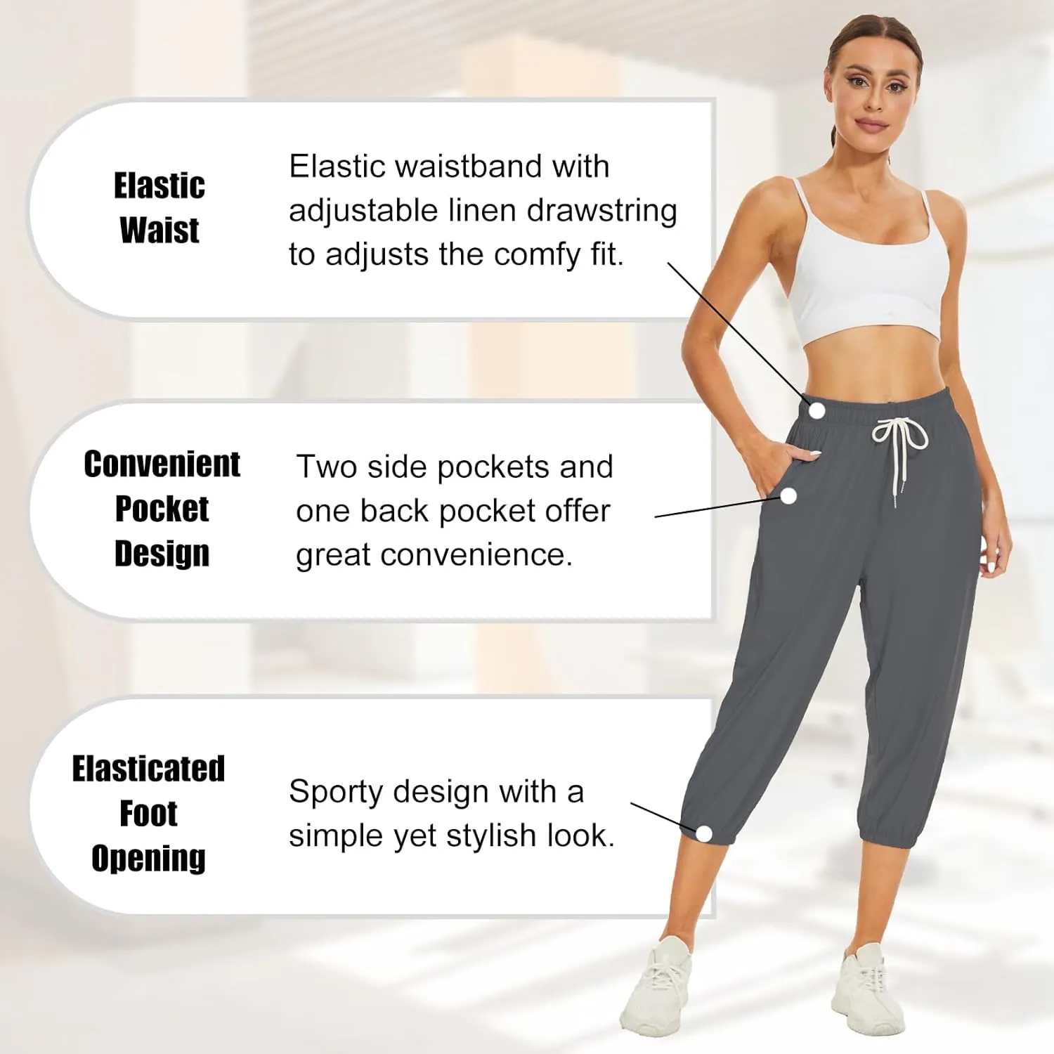 BATHRINS Women's Capri Sweatpants Summer Casual Jogger Drawstring Waist Pants with Back Pockets