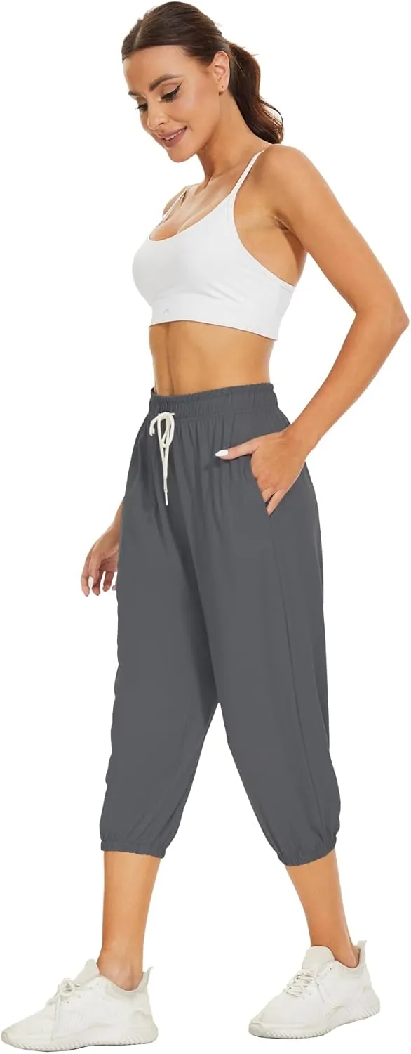 BATHRINS Women's Capri Sweatpants Summer Casual Jogger Drawstring Waist Pants with Back Pockets