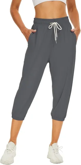 BATHRINS Women's Capri Sweatpants Summer Casual Jogger Drawstring Waist Pants with Back Pockets