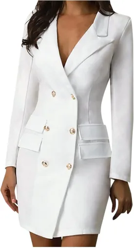 Blazer Jackets for Women Fashion Color Block Suit Collar Coats Long Sleeve Double Breasted Bodycon Blazer Dress
