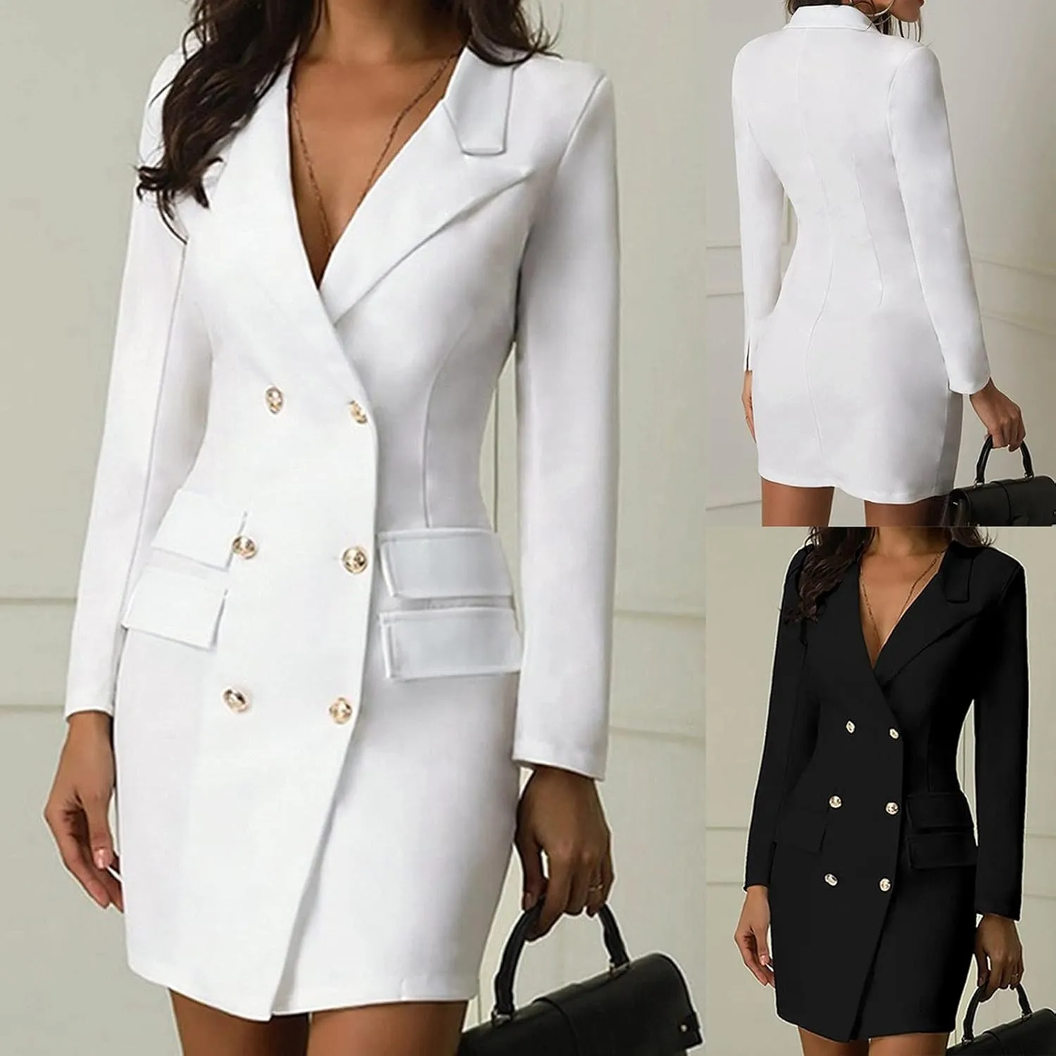 Blazer Jackets for Women Fashion Color Block Suit Collar Coats Long Sleeve Double Breasted Bodycon Blazer Dress