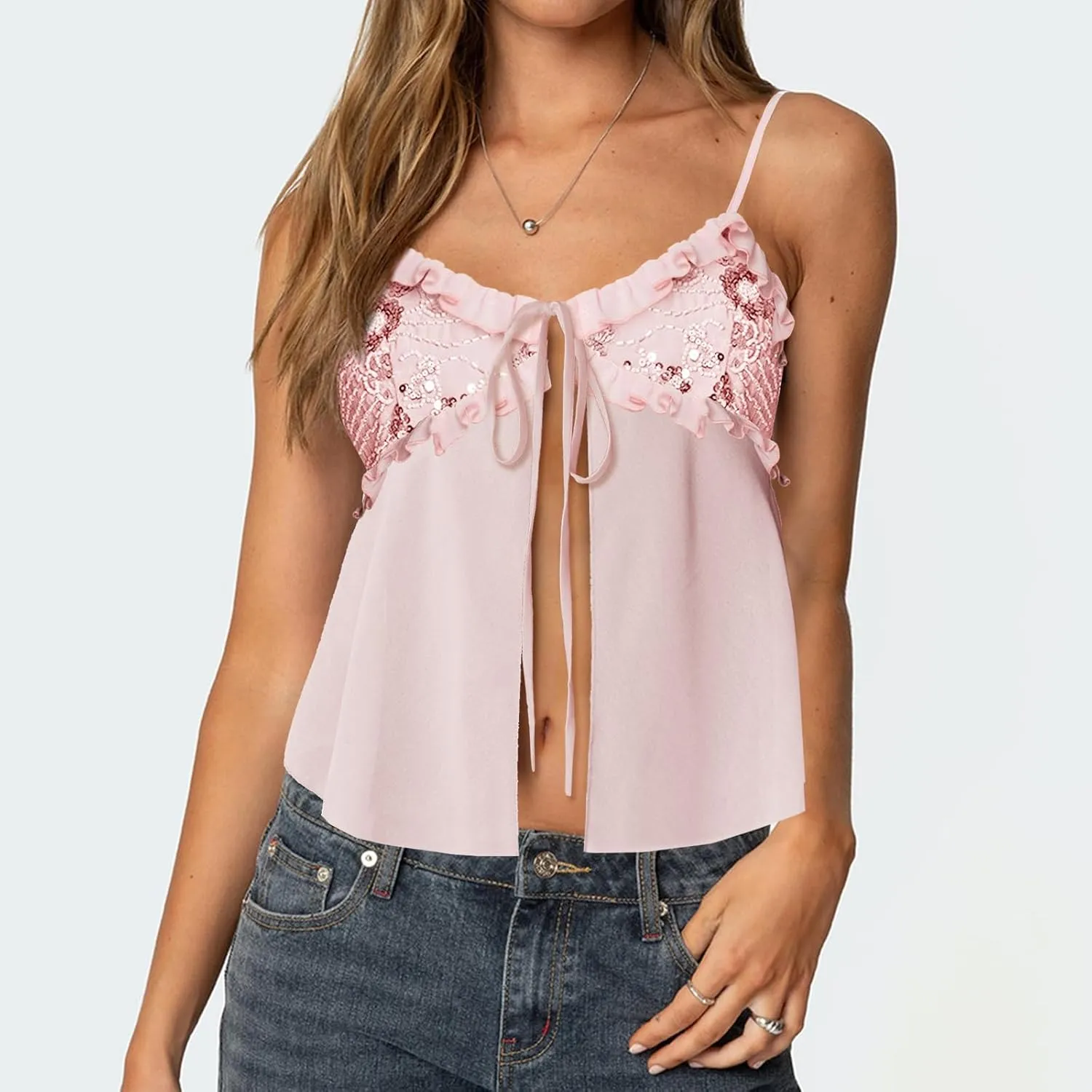 Bocymolay Women Y2k Sequin Cami Tank Top Open Tie Front Sparkle Glitter Backless Shirts Going Out Party Clubwear