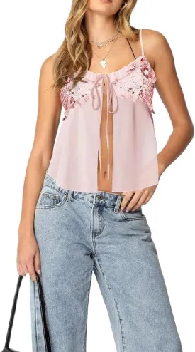 Bocymolay Women Y2k Sequin Cami Tank Top Open Tie Front Sparkle Glitter Backless Shirts Going Out Party Clubwear