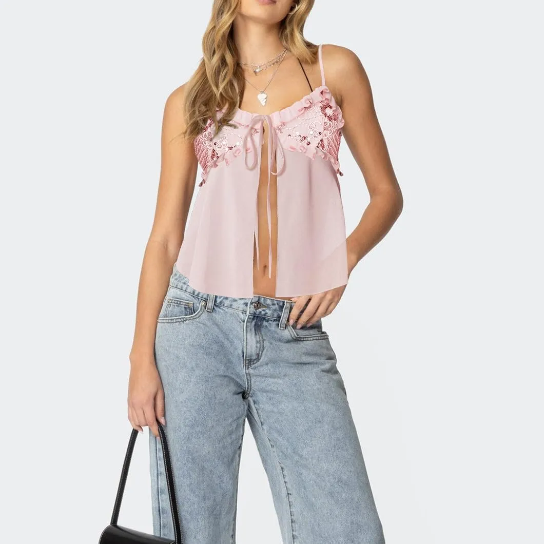 Bocymolay Women Y2k Sequin Cami Tank Top Open Tie Front Sparkle Glitter Backless Shirts Going Out Party Clubwear