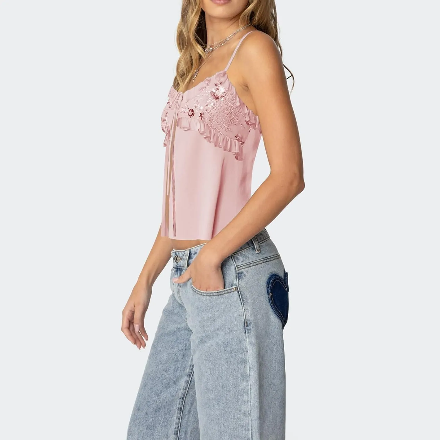 Bocymolay Women Y2k Sequin Cami Tank Top Open Tie Front Sparkle Glitter Backless Shirts Going Out Party Clubwear