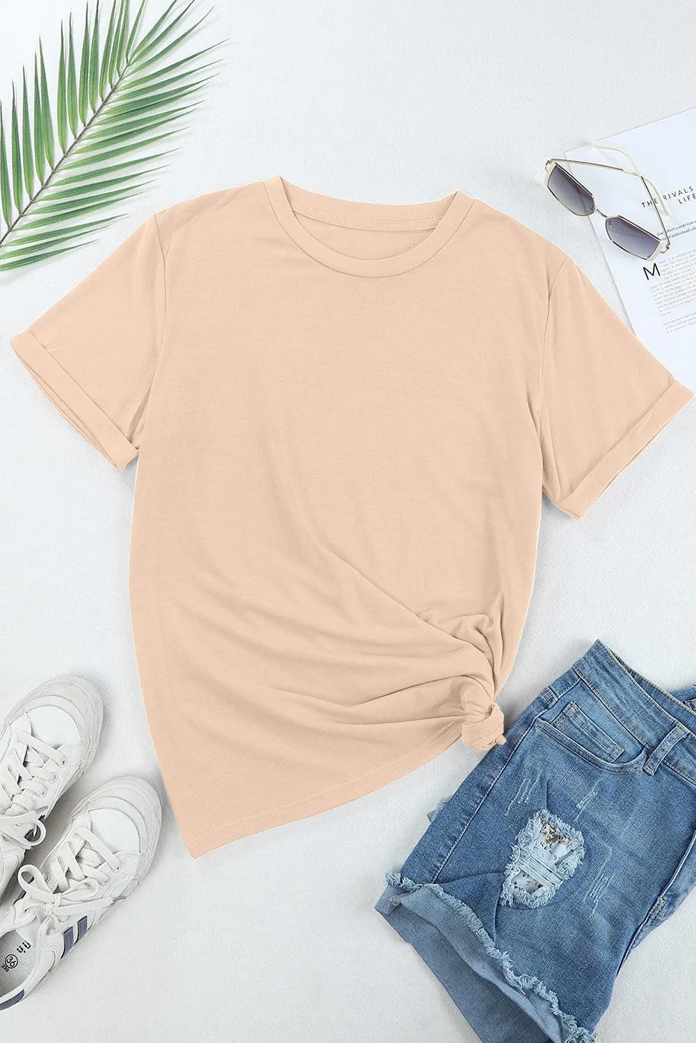 Casual Cream Crew Neck T-Shirt for Women
