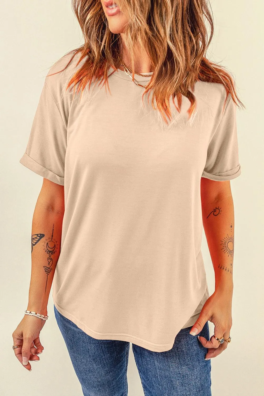 Casual Cream Crew Neck T-Shirt for Women