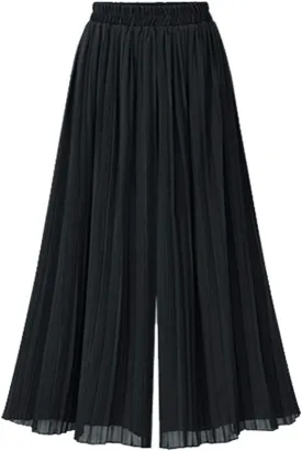 chouyatou Women's Elastic Waist A-Line Pleated Chiffon Cropped Wide Leg Pants Culottes