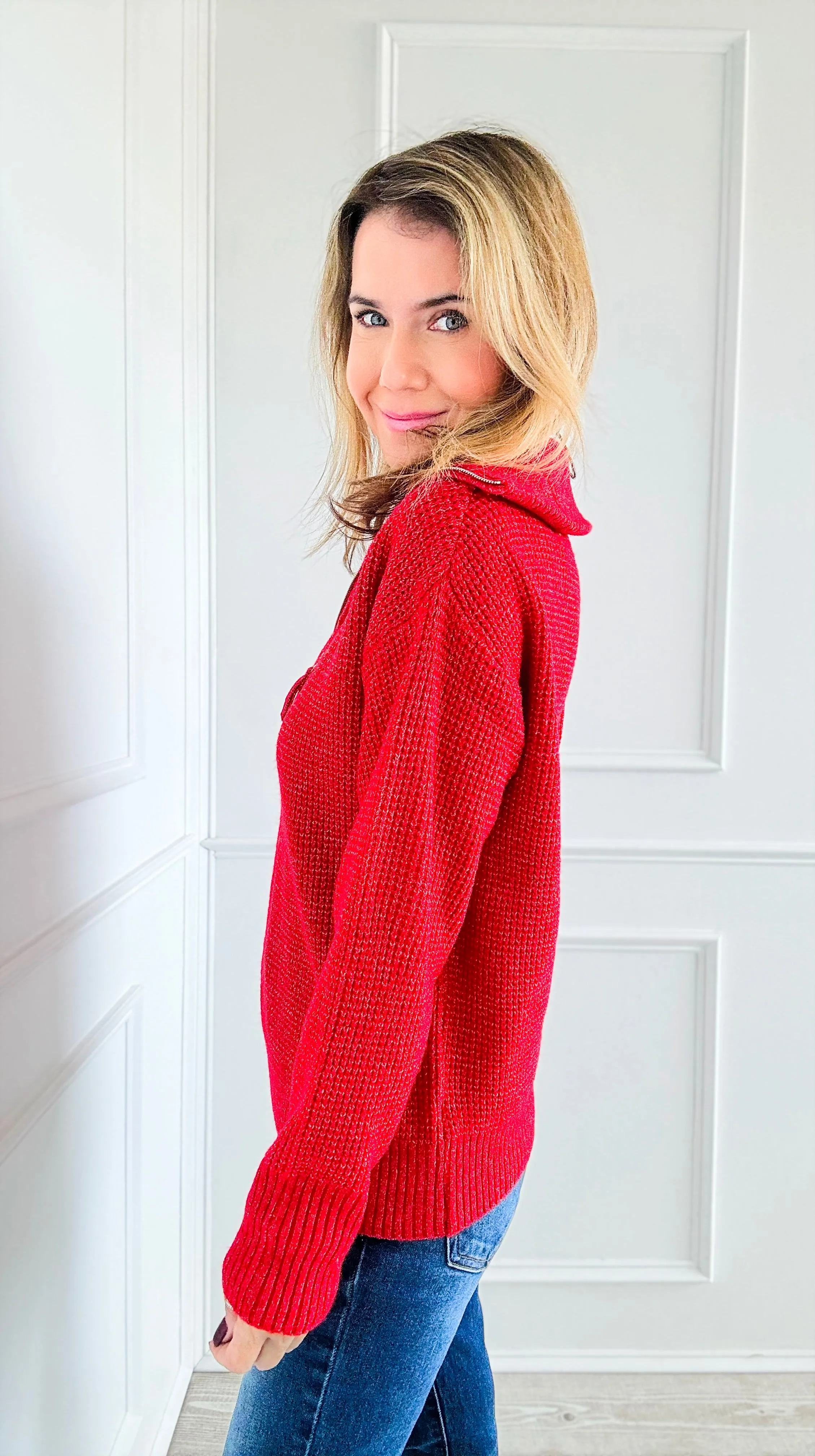 City Girl Half-Zip Knit Sweater - Ruby