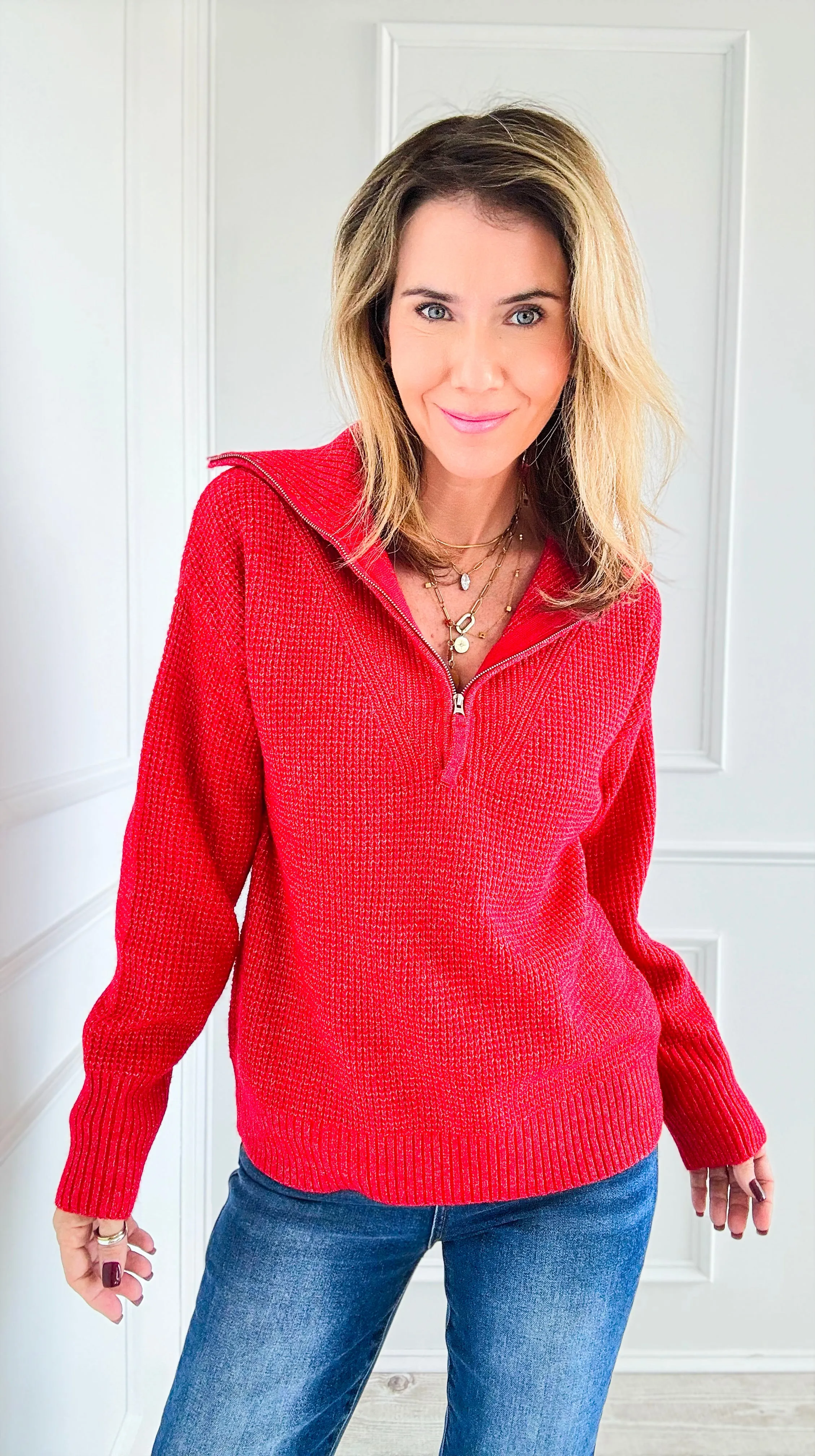 City Girl Half-Zip Knit Sweater - Ruby