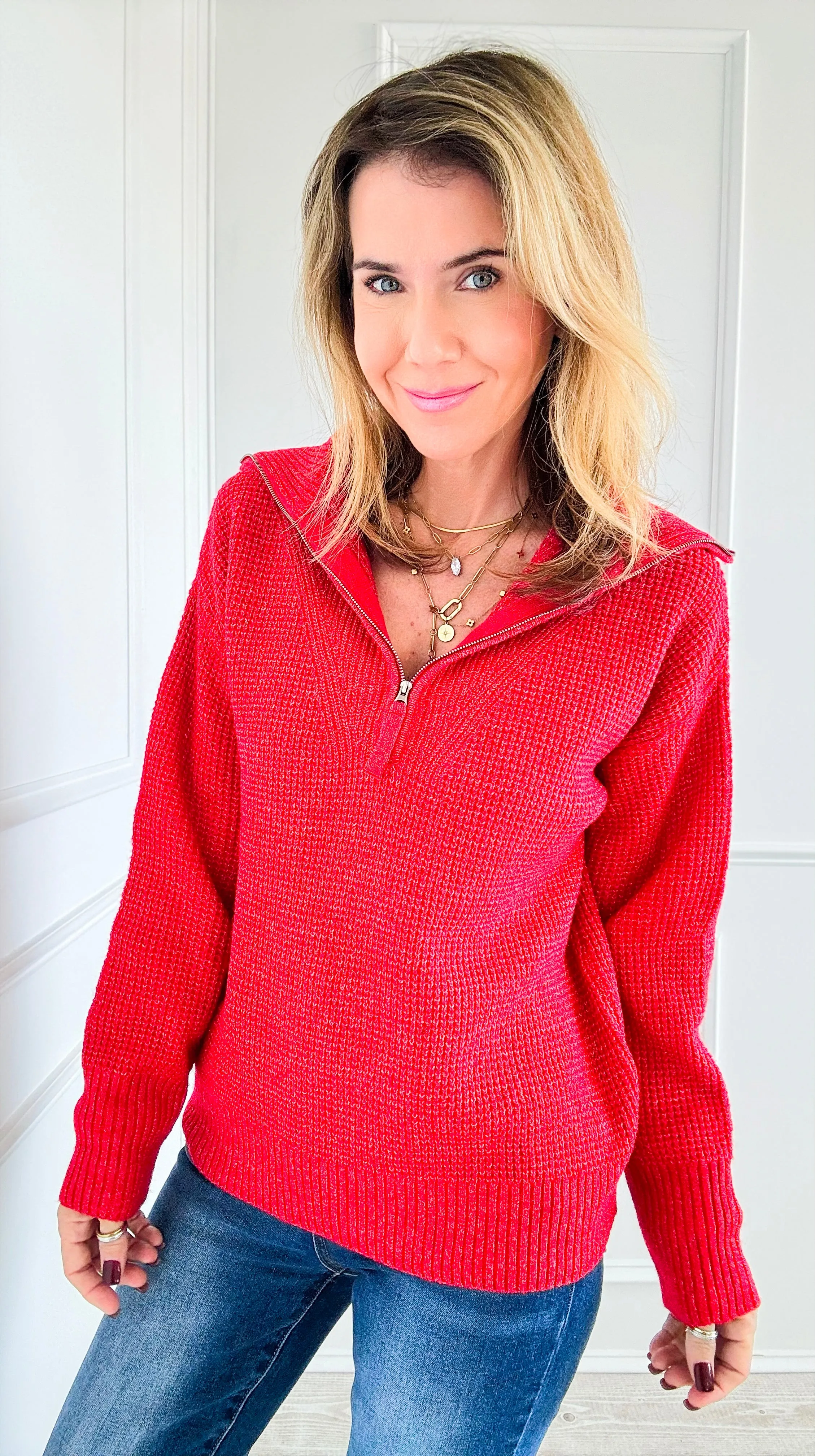 City Girl Half-Zip Knit Sweater - Ruby