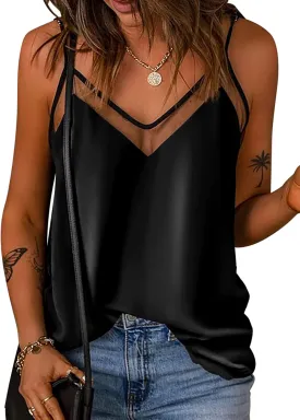 Ekouaer Silk Tank Top for Women Mesh V Neck Satin Camisole Silky Sleeveless Tank Cami Shirt