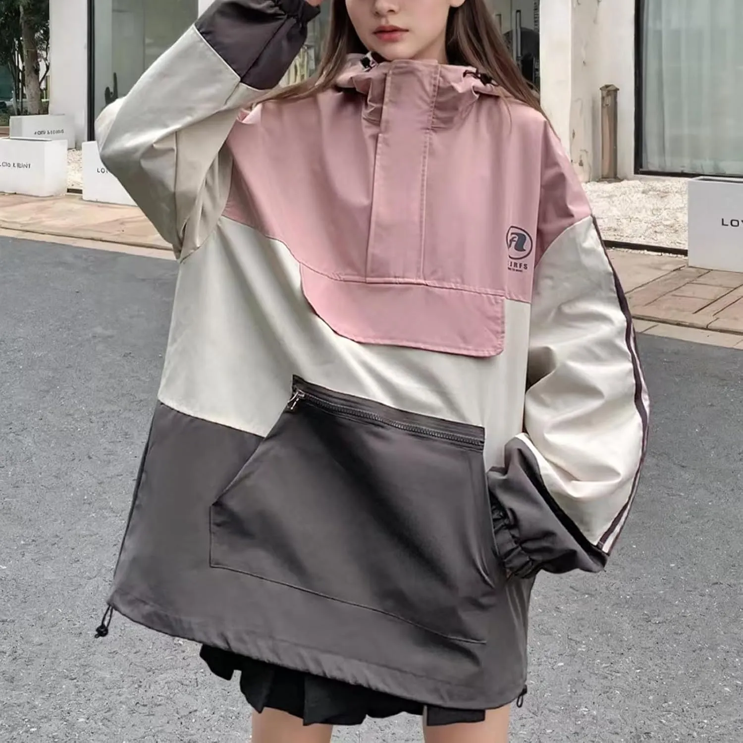 GURUNVANI Mens Color Blocked Anorak Jacket Half Zip Hooded Windbreaker Coat Unisex Outdoor Pullover Jacket