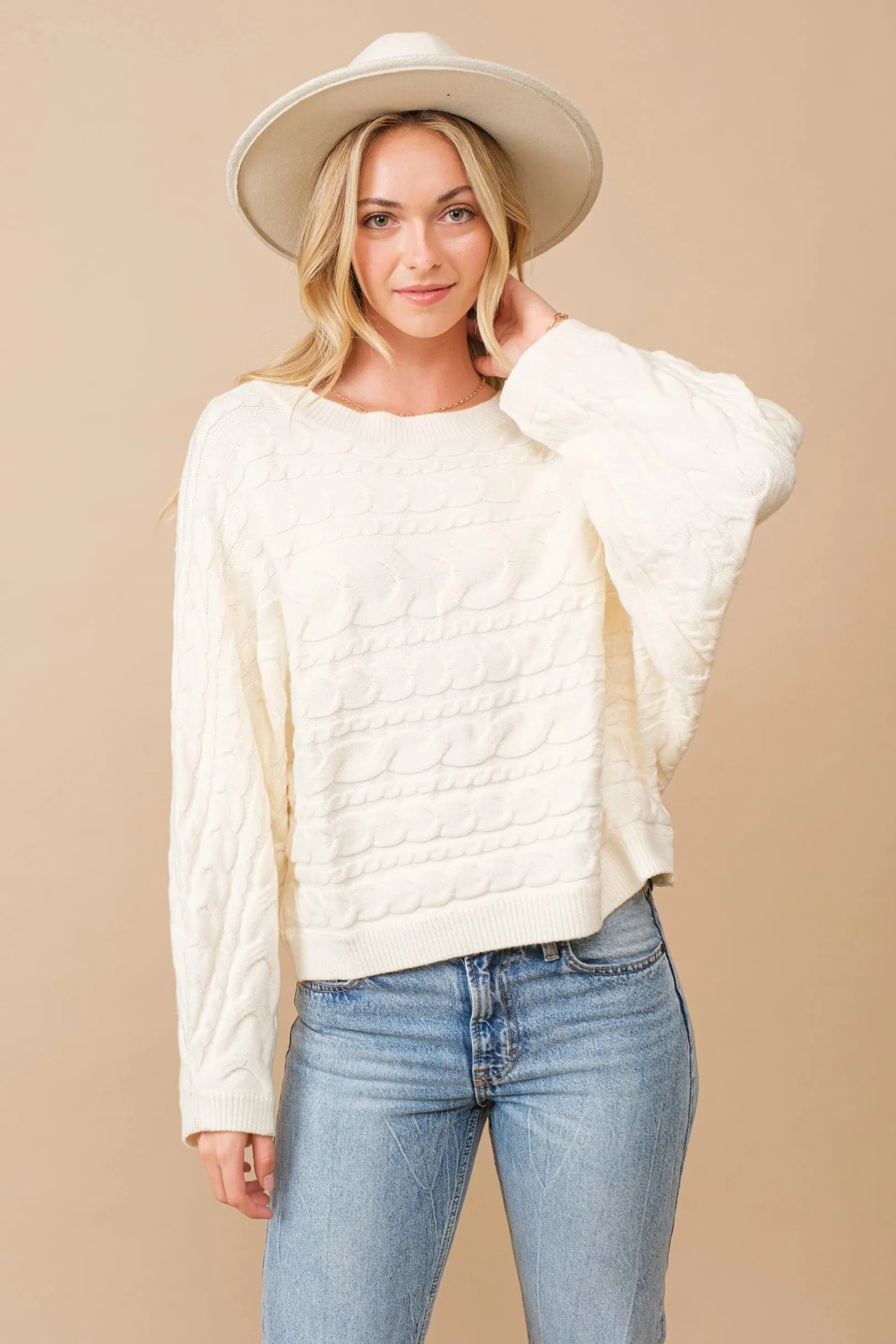 Cozy Oversized Horizontal Cable Knit Dolman Sleeve Sweater for Women