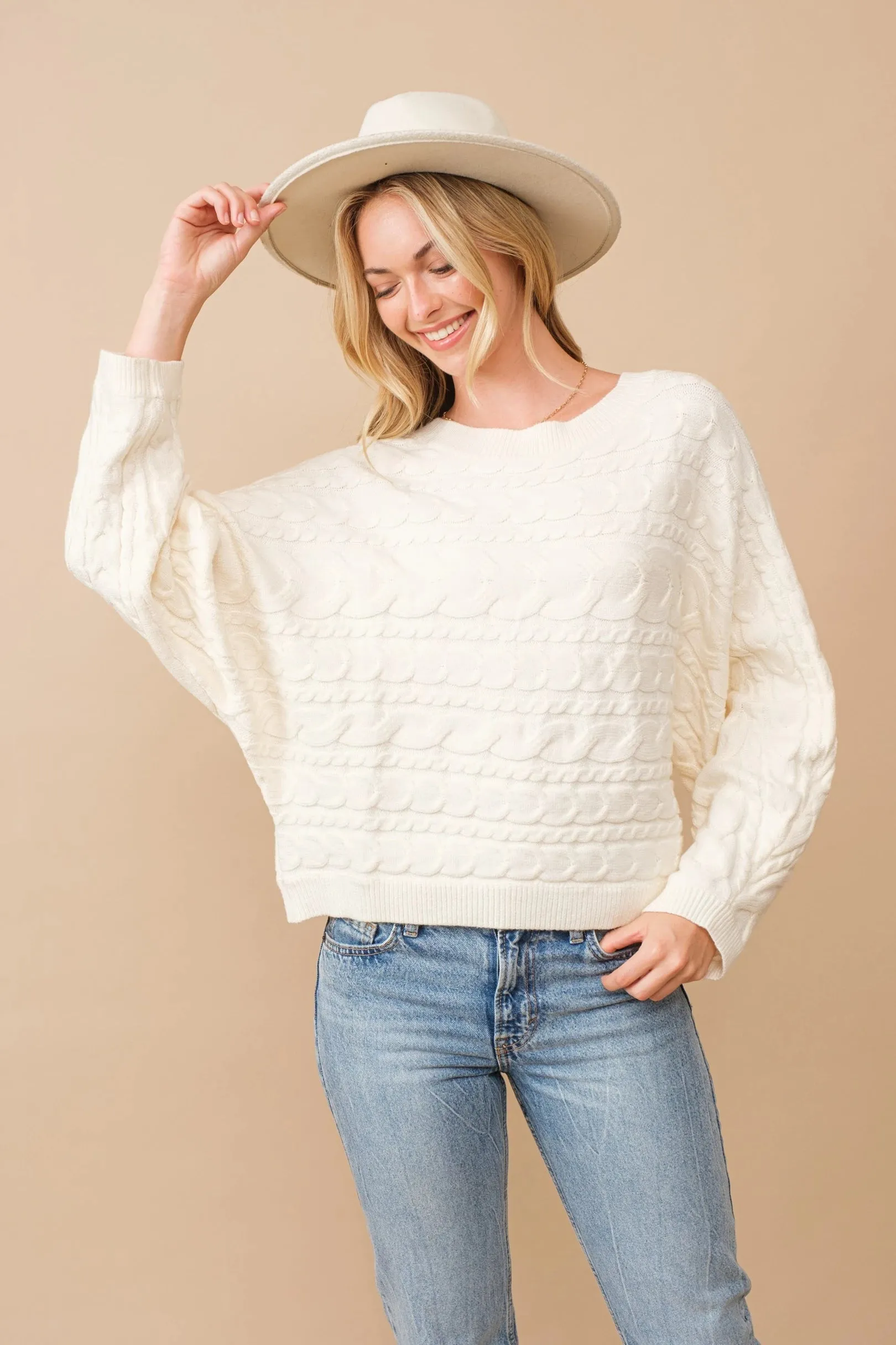 Cozy Oversized Horizontal Cable Knit Dolman Sleeve Sweater for Women