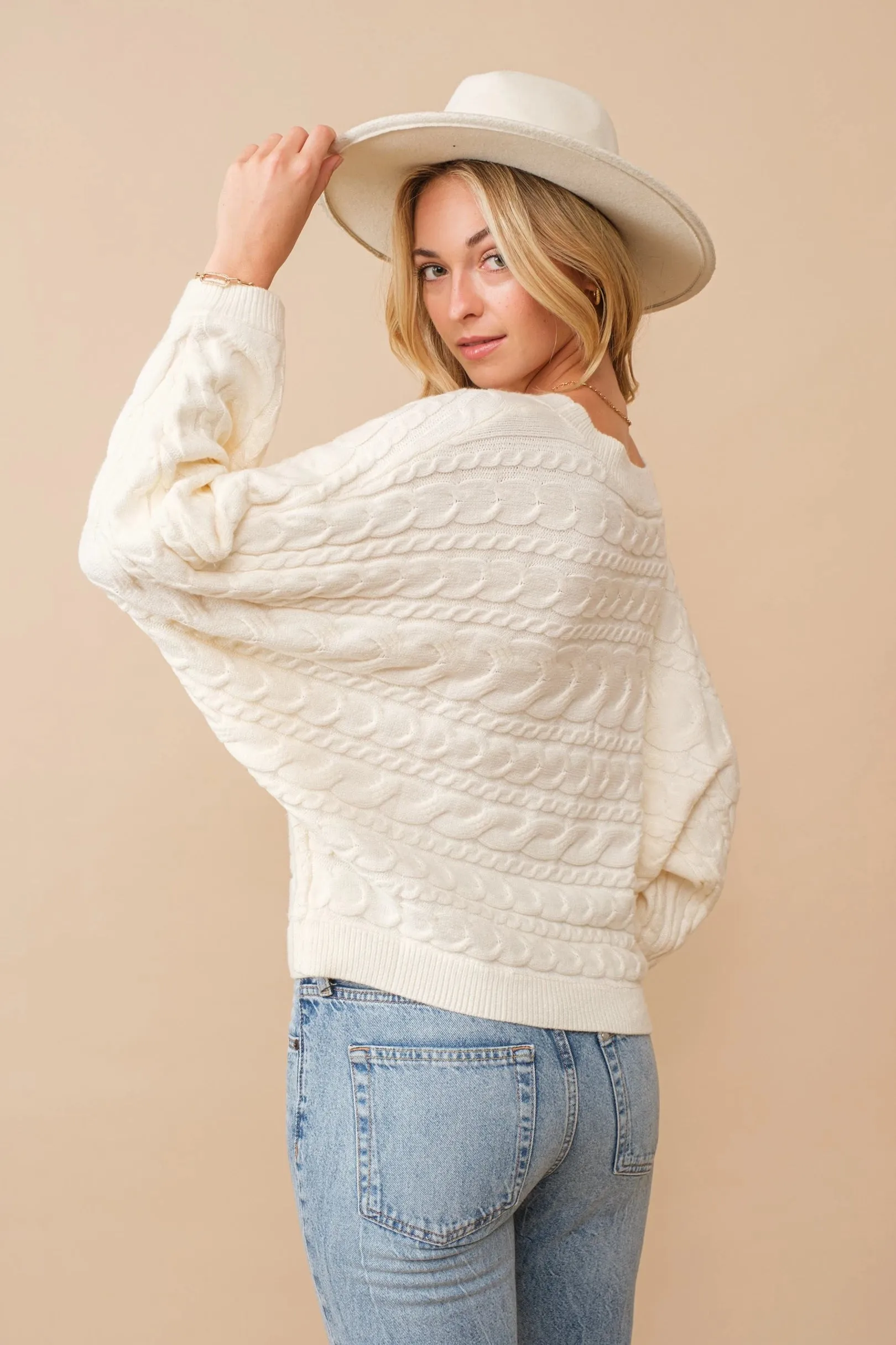 Cozy Oversized Horizontal Cable Knit Dolman Sleeve Sweater for Women