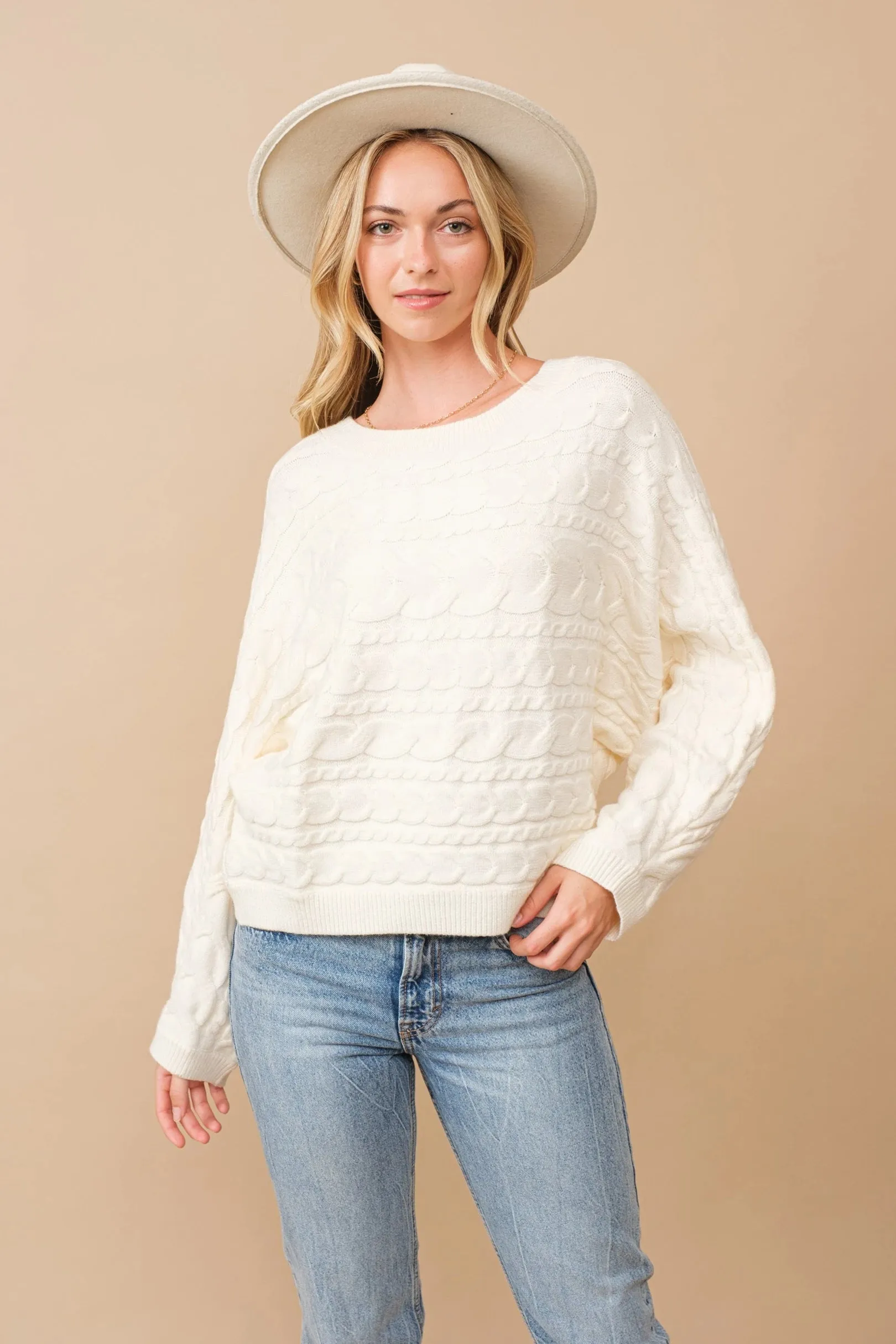 Cozy Oversized Horizontal Cable Knit Dolman Sleeve Sweater for Women