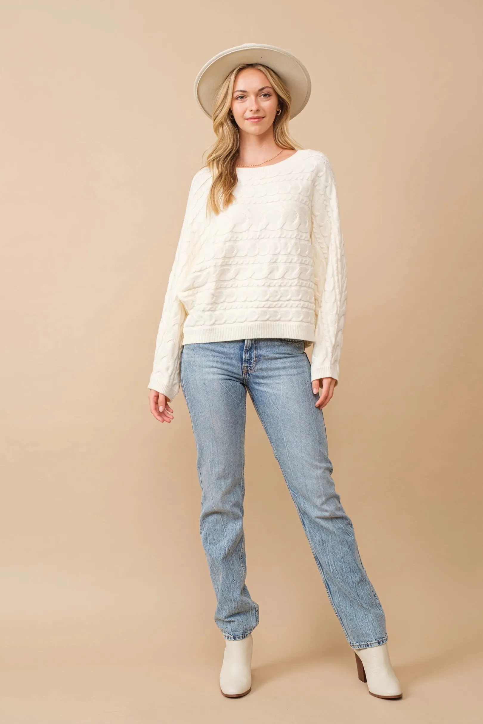 Cozy Oversized Horizontal Cable Knit Dolman Sleeve Sweater for Women