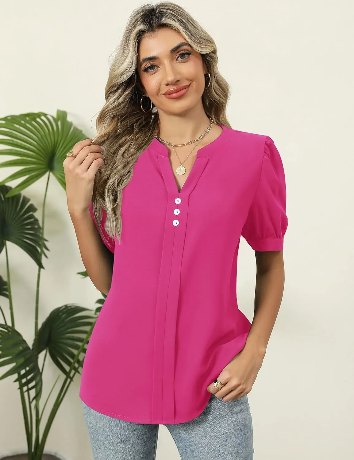 Kistore Womens Tops Dressy Casual Summer Chiffon Blouses V Neck Puff Sleeve Shirts Work Tops