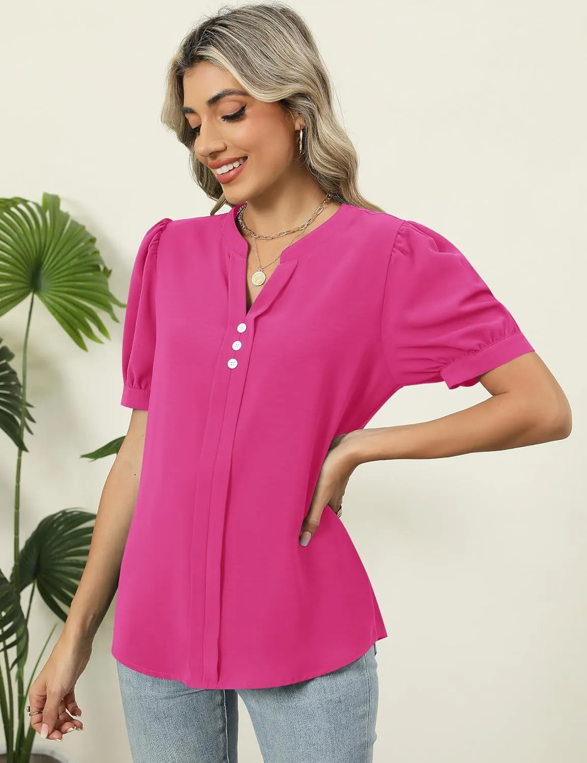 Kistore Womens Tops Dressy Casual Summer Chiffon Blouses V Neck Puff Sleeve Shirts Work Tops