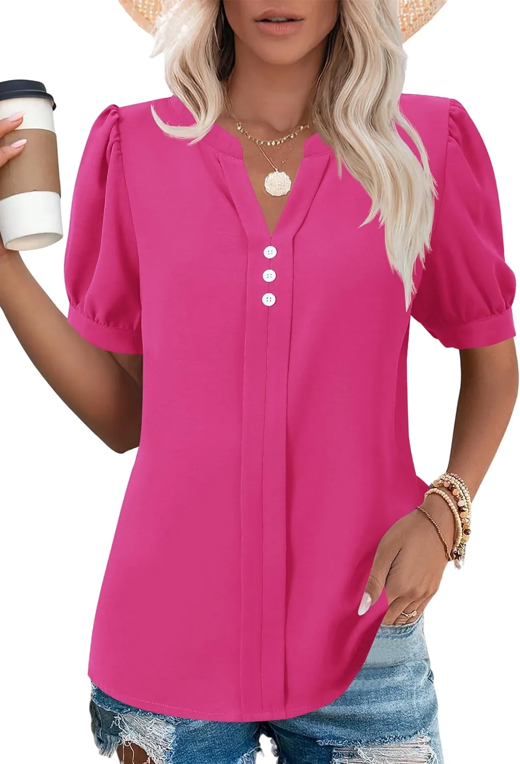 Kistore Womens Tops Dressy Casual Summer Chiffon Blouses V Neck Puff Sleeve Shirts Work Tops