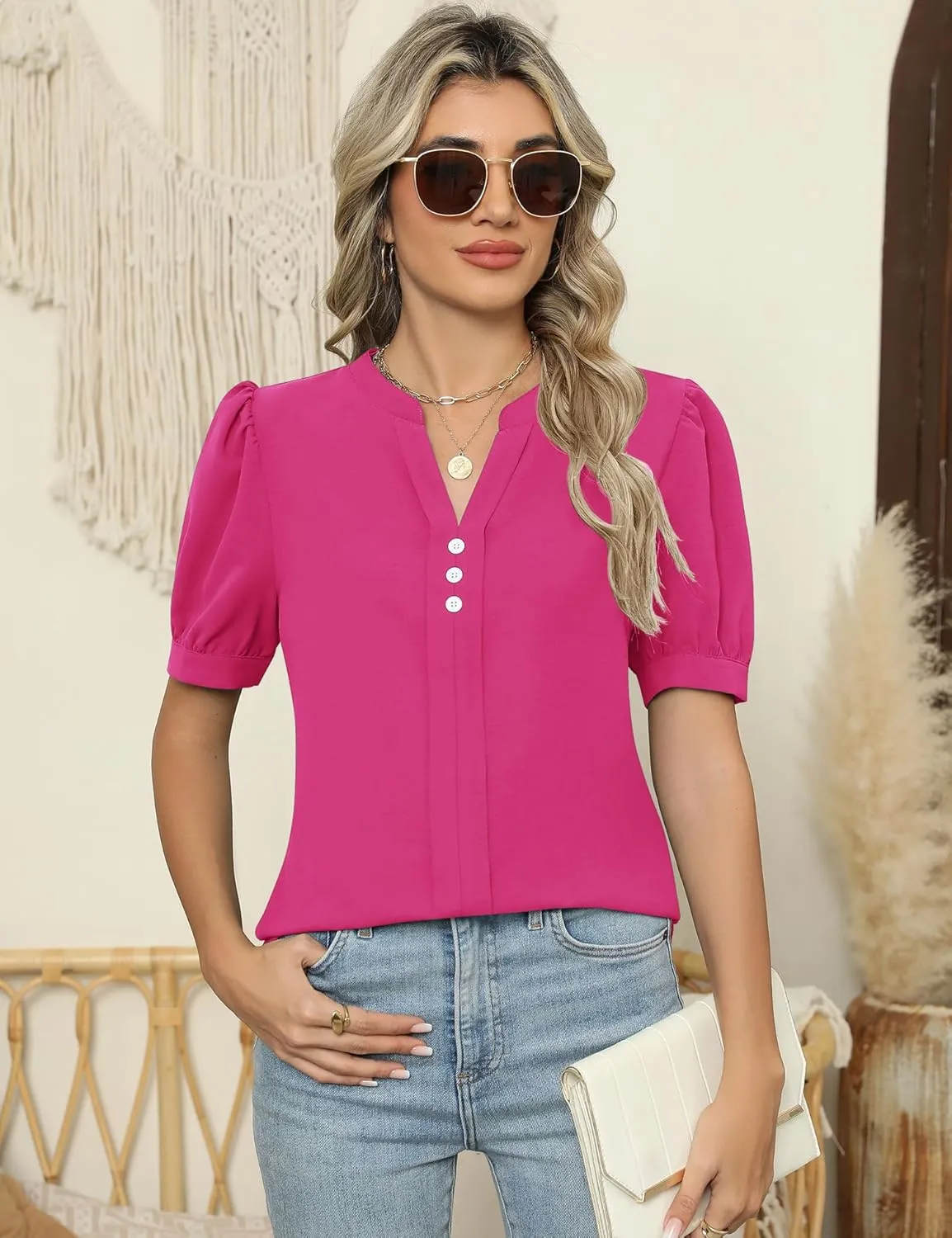 Kistore Womens Tops Dressy Casual Summer Chiffon Blouses V Neck Puff Sleeve Shirts Work Tops