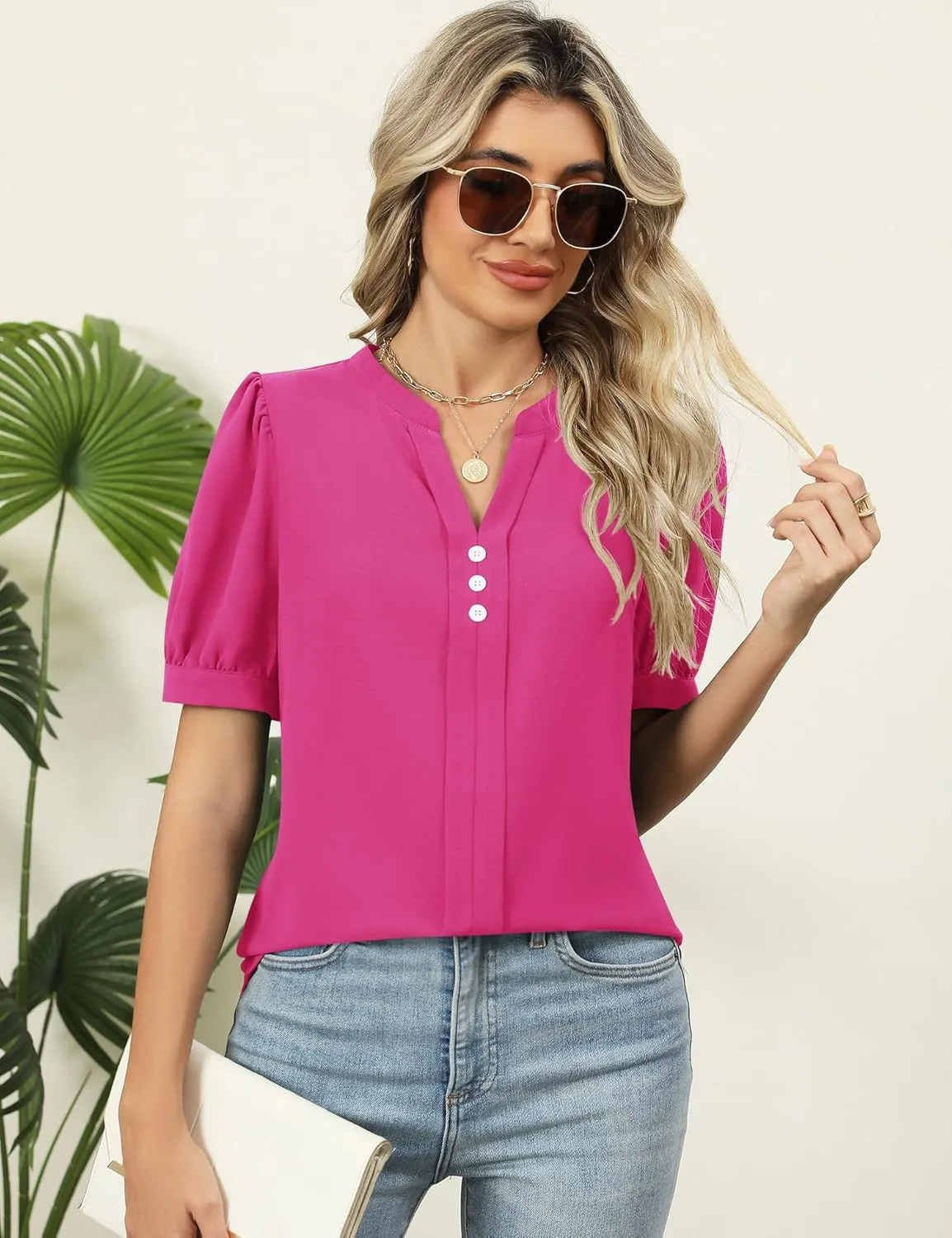 Kistore Womens Tops Dressy Casual Summer Chiffon Blouses V Neck Puff Sleeve Shirts Work Tops