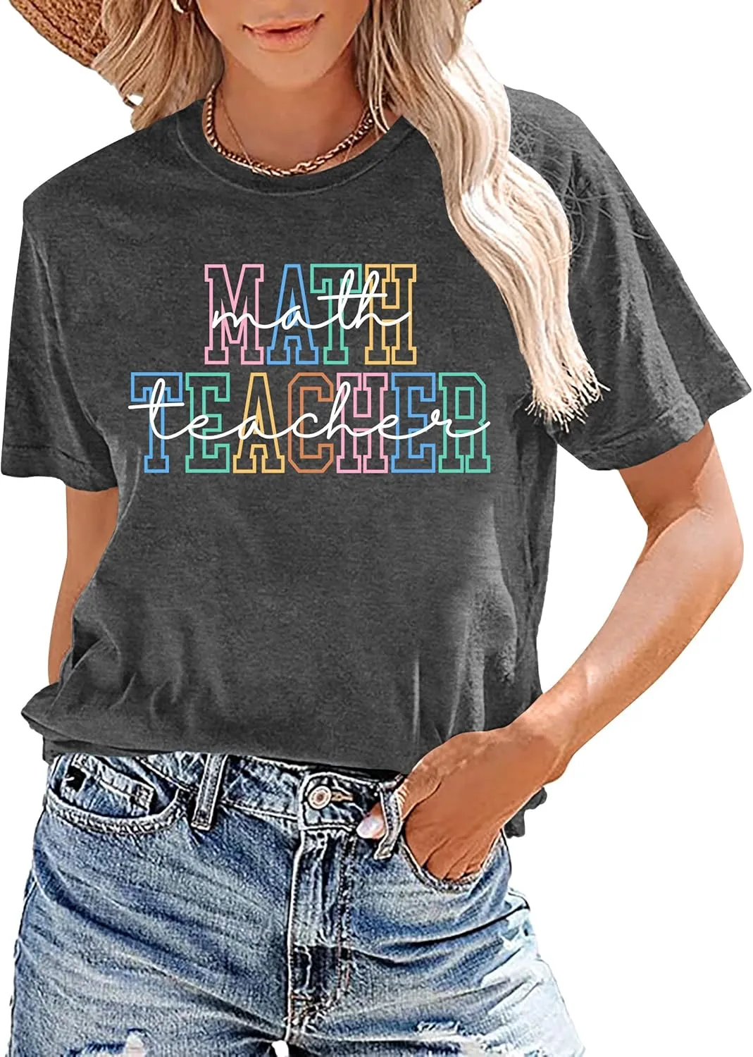 Math Teacher Shirt for Women: Funny Teacher Letter Print Tee Shirt Teacher Life Short Sleeve Tee Tops