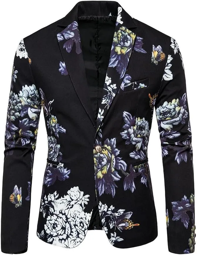 Men's Floral Print Slim Fit Business Gentleman Blazer Jacket Korean Style