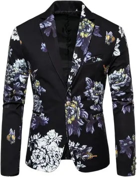 Men's Floral Print Slim Fit Business Gentleman Blazer Jacket Korean Style