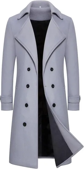 Mens Long Trench Coat Classic Notched Collar Double Breasted Peacoat Slim Fit Wool Blend Fall Winter Casual Overcoat