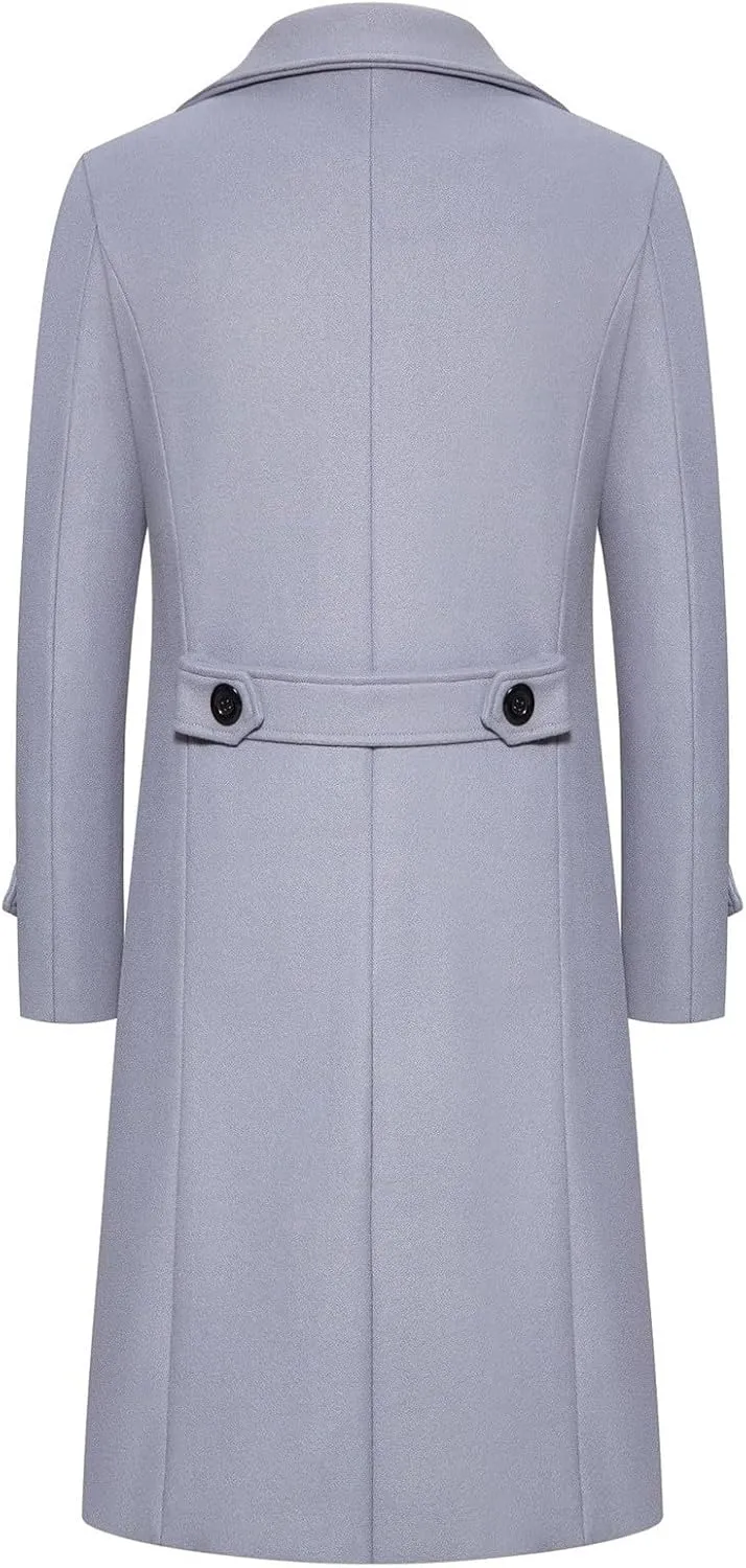 Mens Long Trench Coat Classic Notched Collar Double Breasted Peacoat Slim Fit Wool Blend Fall Winter Casual Overcoat