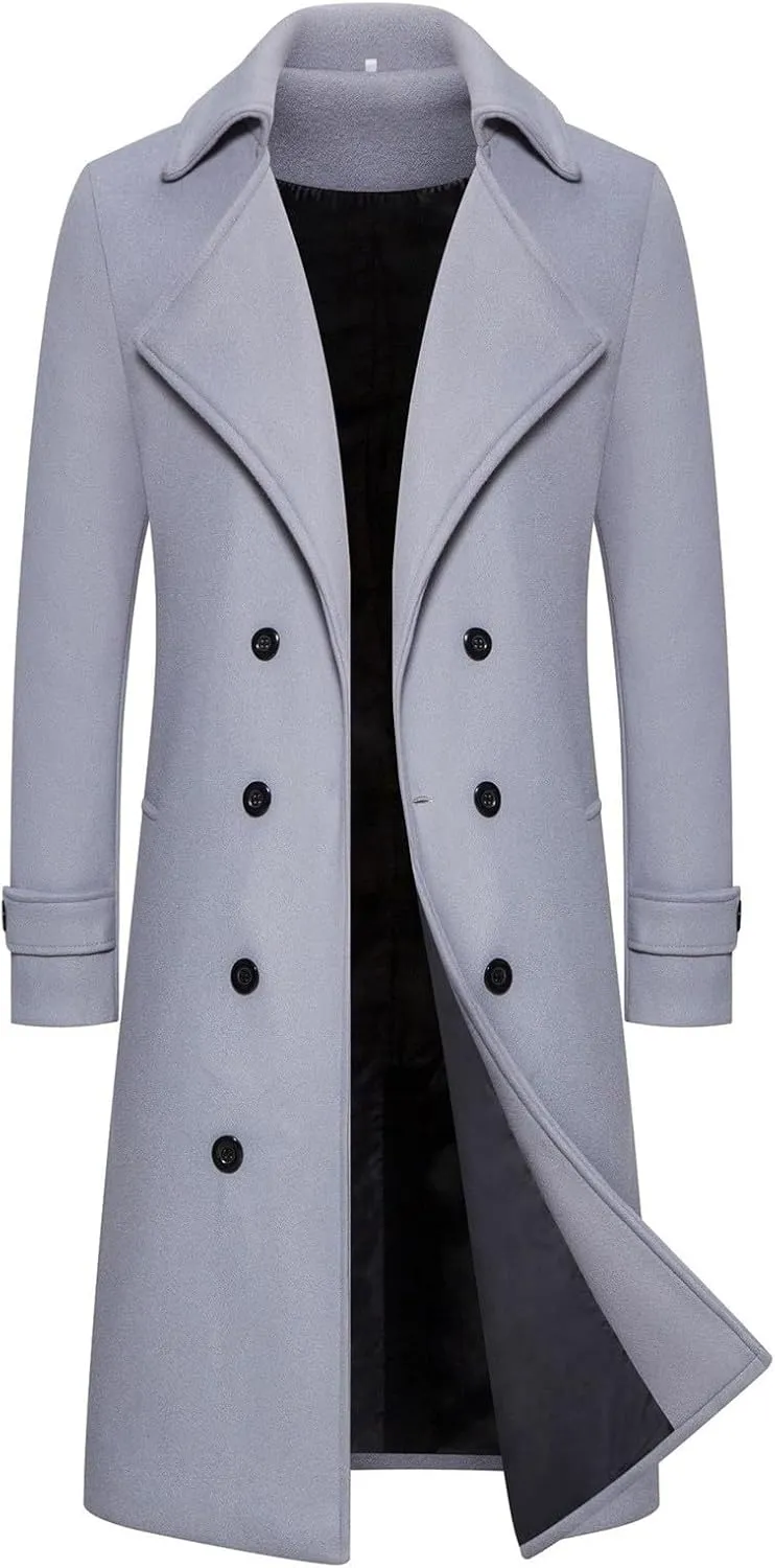 Mens Long Trench Coat Classic Notched Collar Double Breasted Peacoat Slim Fit Wool Blend Fall Winter Casual Overcoat