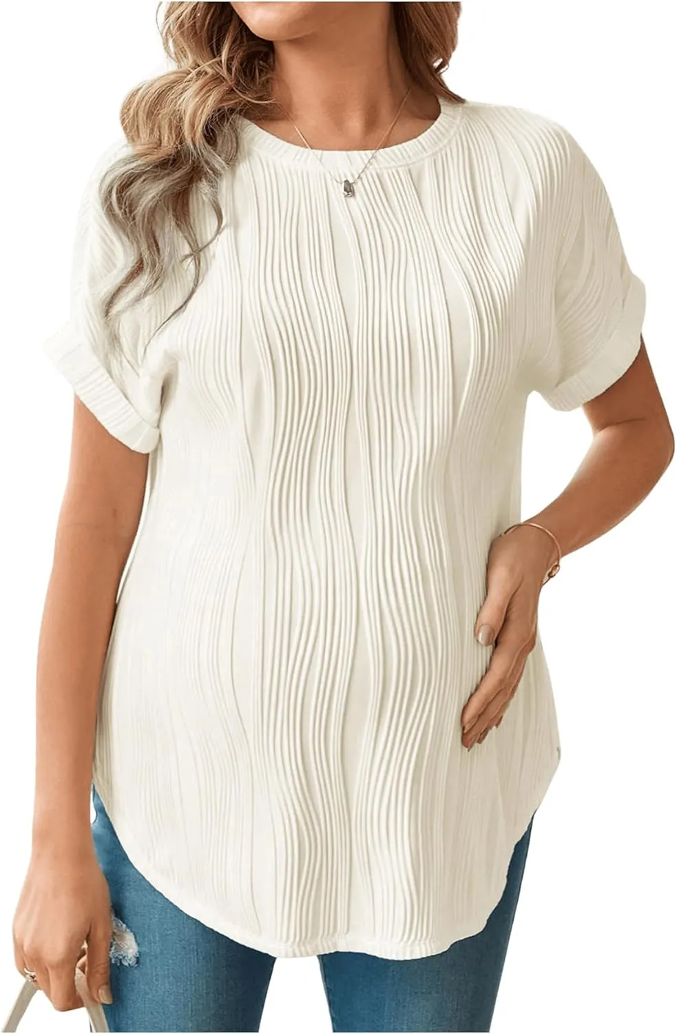 OYOANGLE Women's Casual Maternity T-Shirt Textured Short Sleeve Crew Neck Loose Tunic Top Pregnancy Blouse Tee