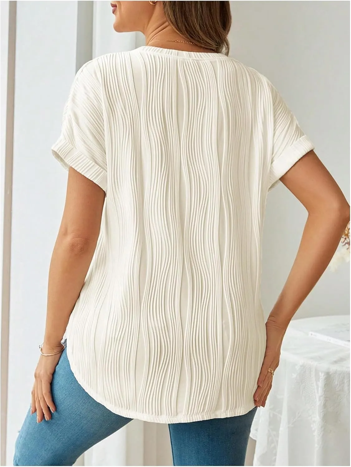 OYOANGLE Women's Casual Maternity T-Shirt Textured Short Sleeve Crew Neck Loose Tunic Top Pregnancy Blouse Tee