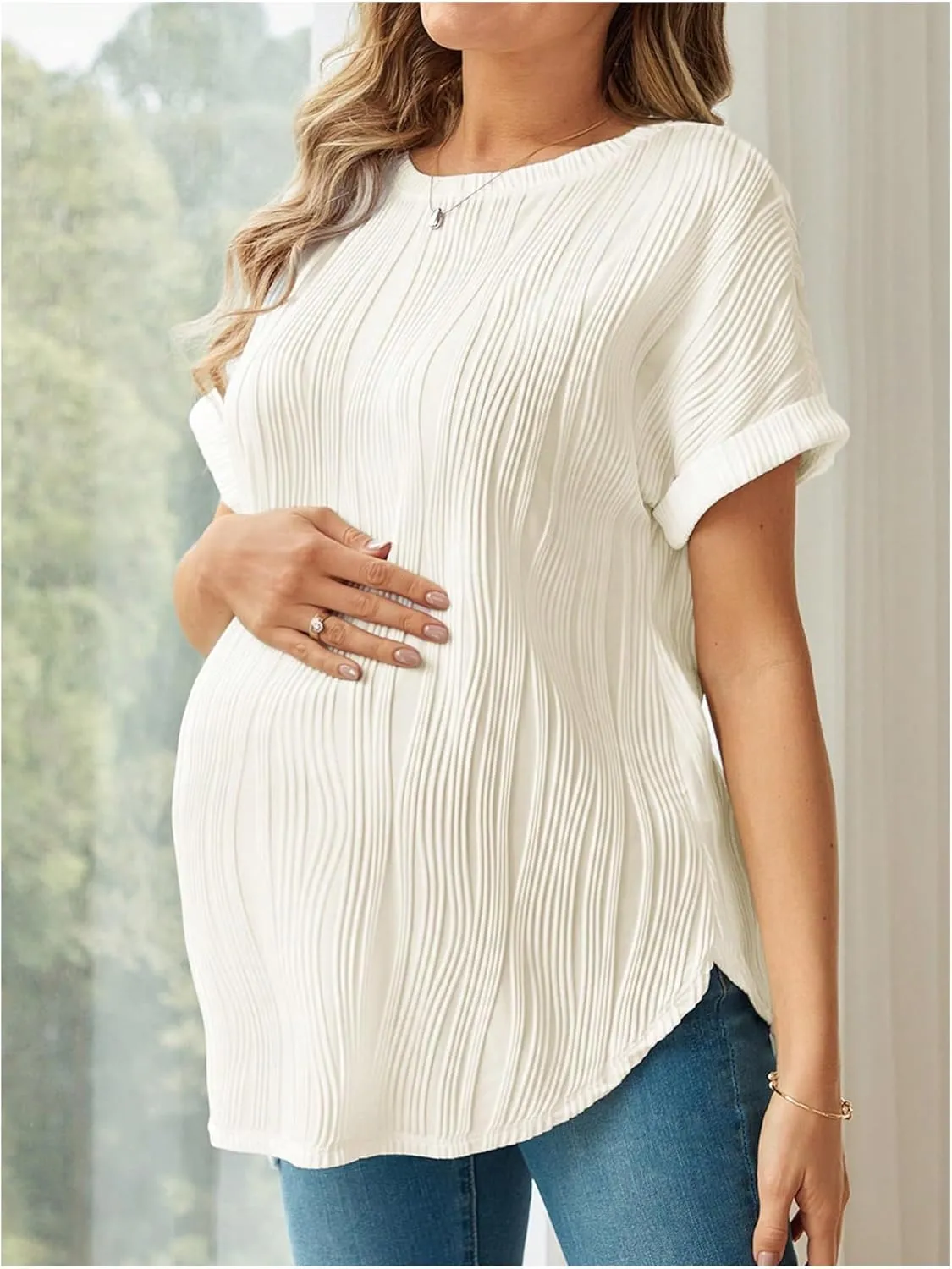 OYOANGLE Women's Casual Maternity T-Shirt Textured Short Sleeve Crew Neck Loose Tunic Top Pregnancy Blouse Tee